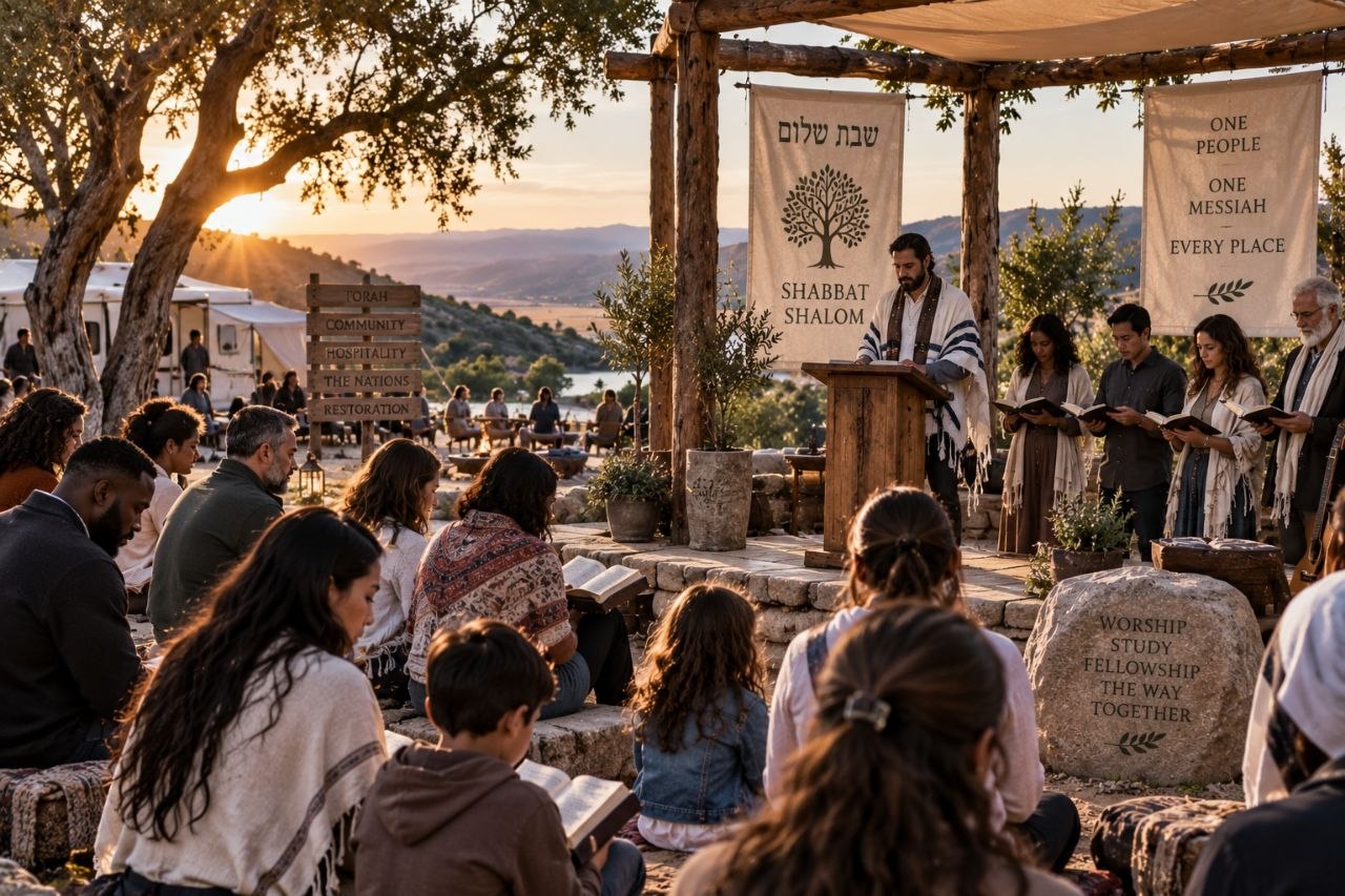 The assembly gathered outdoors at sunset, Scriptures open, gathered under a Shabbat canopy